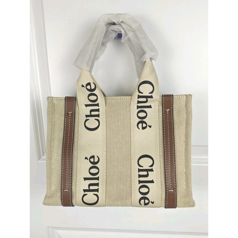 Chloé Woody Small Tote Canvas Leather Beige Brown Made Italy Designer Bag